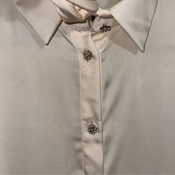 ZARA L Ivory Preppy Outer Shell Long Sleeve Front Tie Beaded Button Blouse - Picture 8 of 15